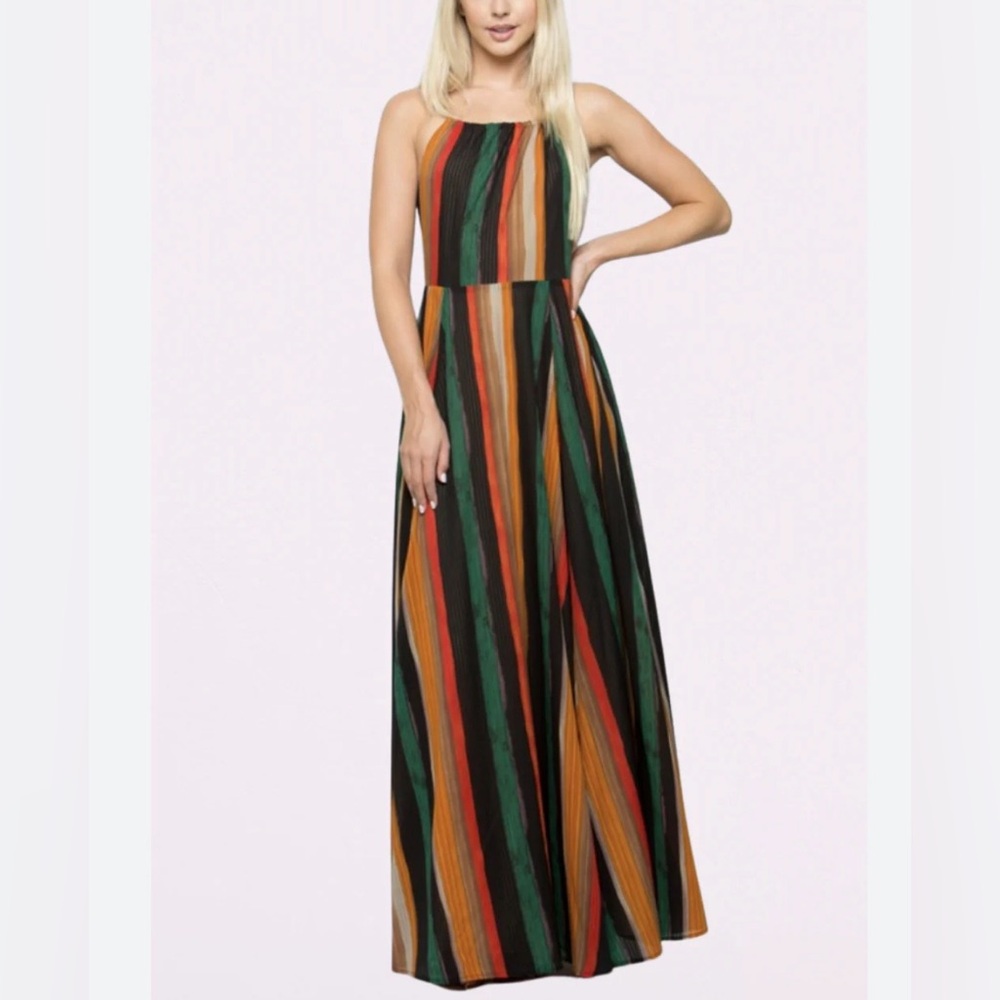 See and Be Seen Size Medium Multicolor Striped Maxi Flowy Open Back‎ Dress
